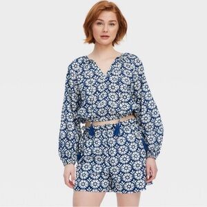 Women's Daisy Floral Long Sleeve Tie-Neck Boho Top - Roller Rabbit x Target NWT